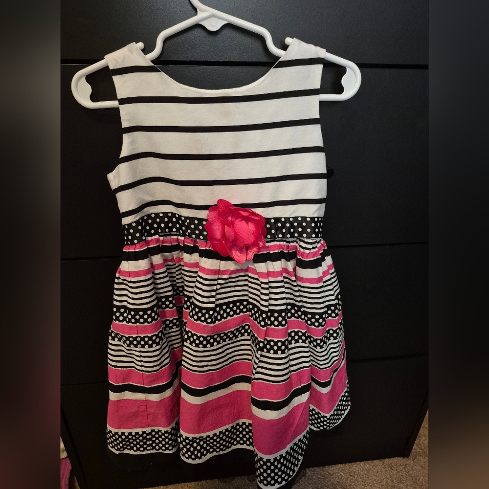 Youngland Pink and Black Striped Dress with Floral Accent